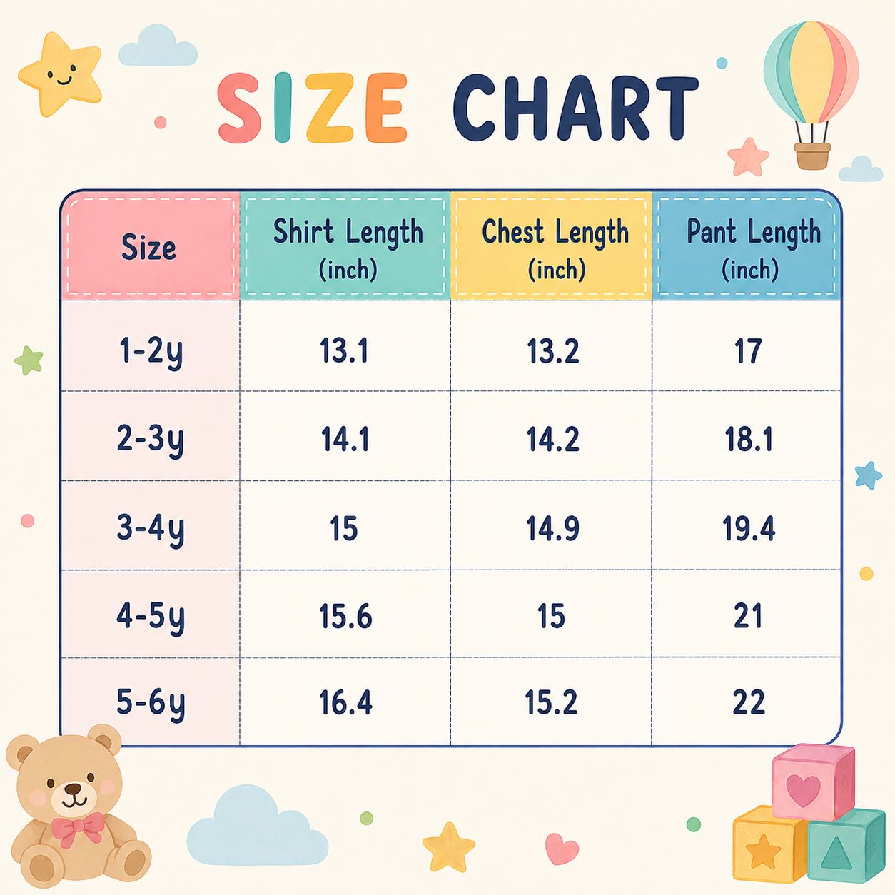 A colorful size chart graphic for children's clothing, showing size ranges from 1-2y to 5-6y with corresponding shirt length, chest length, and pant length measurements in inches. The chart is decorated with a teddy bear, stars, clouds, and toy blocks on a light cream background.