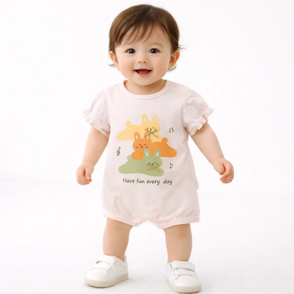 Girls Pink Bunny Cotton Imported Romper Imported 0 to 24M