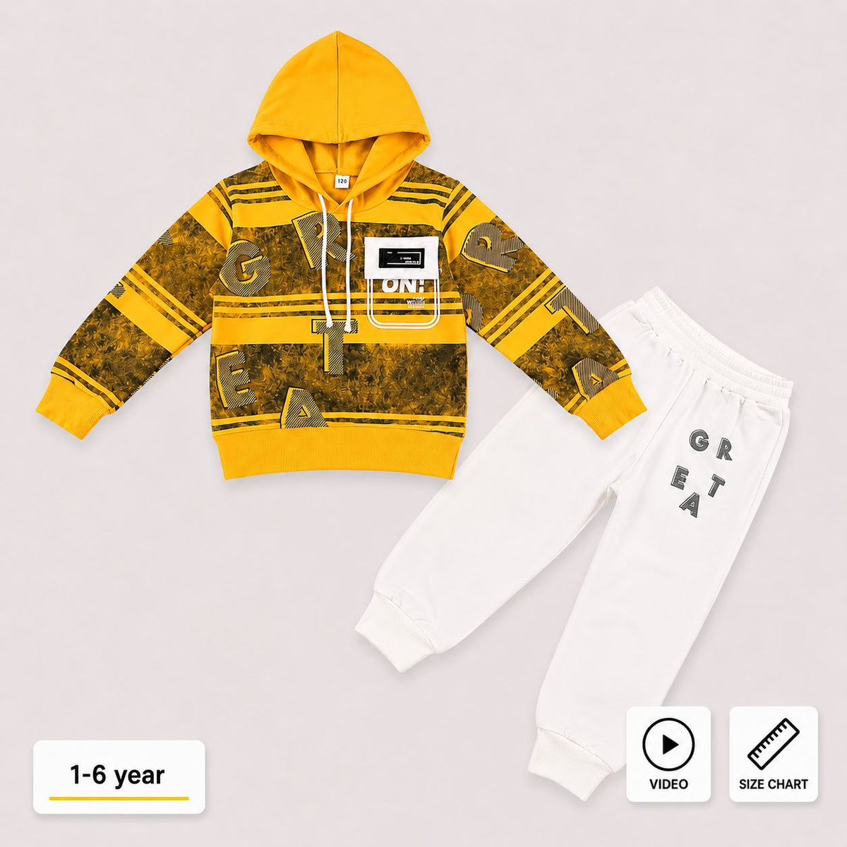 A children's two-piece clothing set featuring a yellow and black patterned hoodie with white drawstrings and white sweatpants, displayed on a light gray background with age and feature icons.