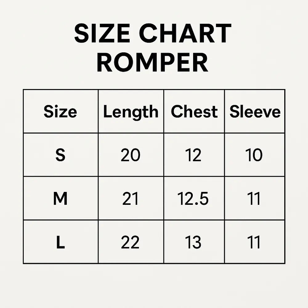 A size chart table for a romper, showing sizes S, M, and L with corresponding length, chest, and sleeve measurements on a light gray background.