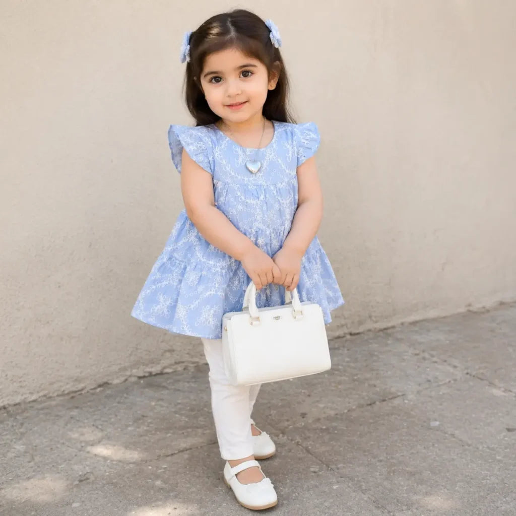 3 Pc Embroidered Frock Suit with Tights & Locket 1 – 6Y how it looks