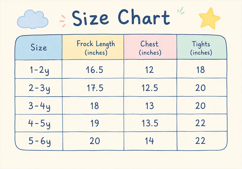 3 Pc Embroidered Frock Suit with Tights & Locket 1 – 6Y size chart