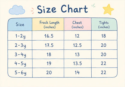 3 Pc Embroidered Frock Suit with Tights & Locket 1 – 6Y size chart