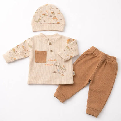 3 Piece Dinosaur Print Waffle Knit Set Two Color Options