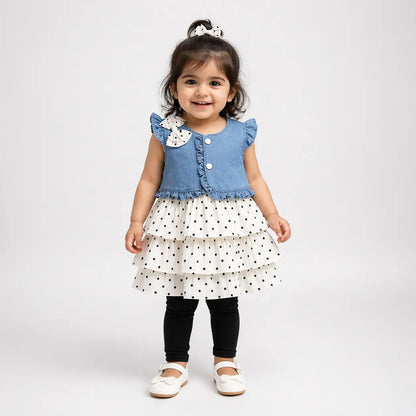 3 Pc Polka Dot Dress Denim Jacket Frock and Tights 12M to 5Y