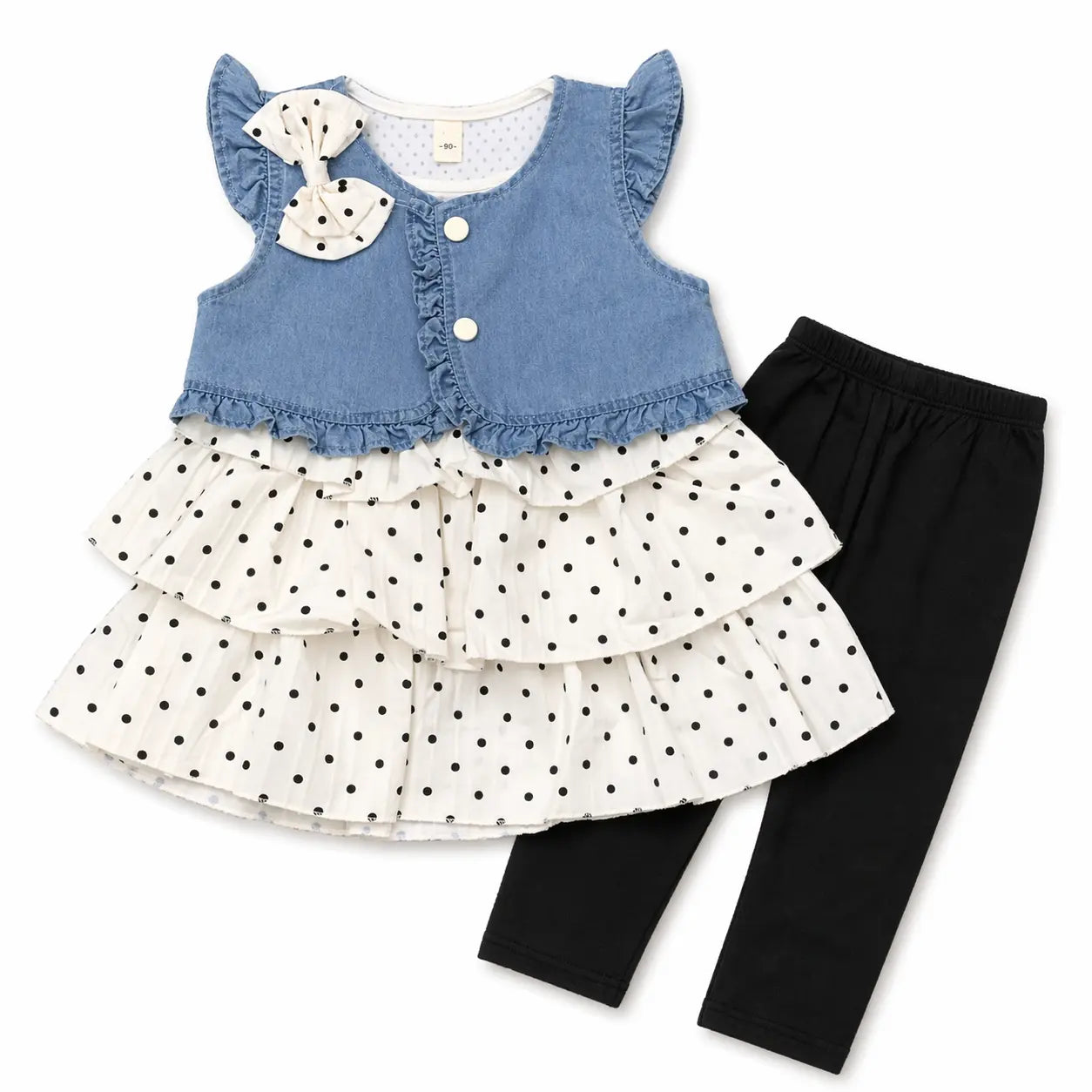3 Pc Polka Dot Dress Denim Jacket Frock and Tights 12M to 5Y