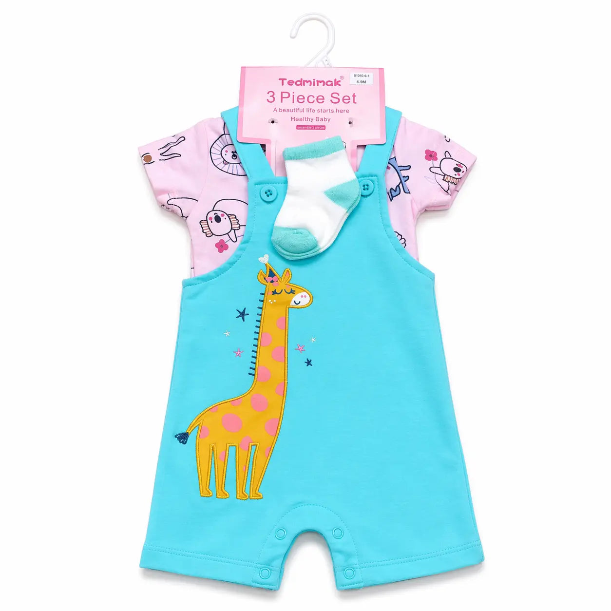 3 Piece Giraffe Romper Set T Shirt Dungaree & Socks 3 to 9M full set