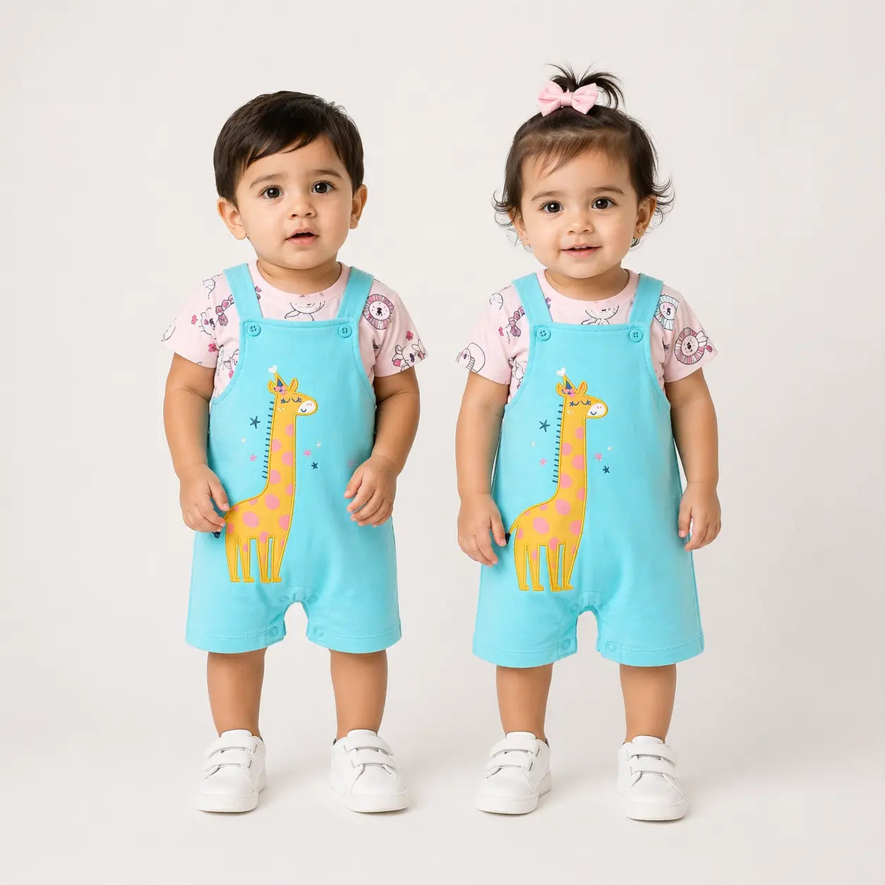 3 Piece Giraffe Romper Set T Shirt Dungaree & Socks 3 to 9M how it looks