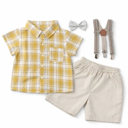 4 Pc Yellow Plaid Shirt & Shorts Set - Imported – 1 – 5 Y
