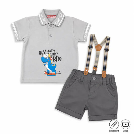 AM Dinosaur Grey Polo Shirt Suspender Shorts 0 to 3Y