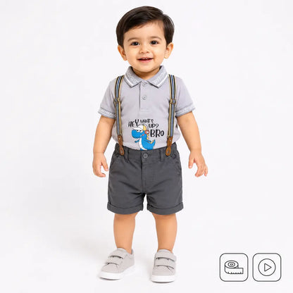 AM Dinosaur Grey Polo Shirt Suspender Shorts 0 to 3Y