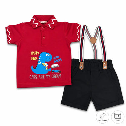 AM Dinosaur Red Polo Shirt Suspender Shorts 0 to 3Y