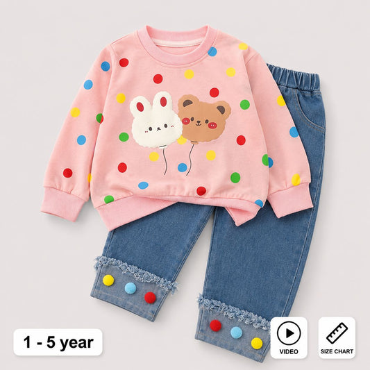 Autumn Korean Polka Dot Sweat Shirt & Denim Jeans Set