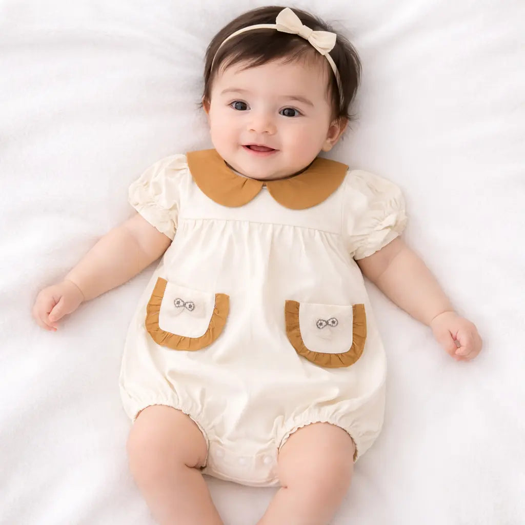 Baby Girl Peter Pan Collar Romper with Bow Pockets – 0 TO 24M how it looks