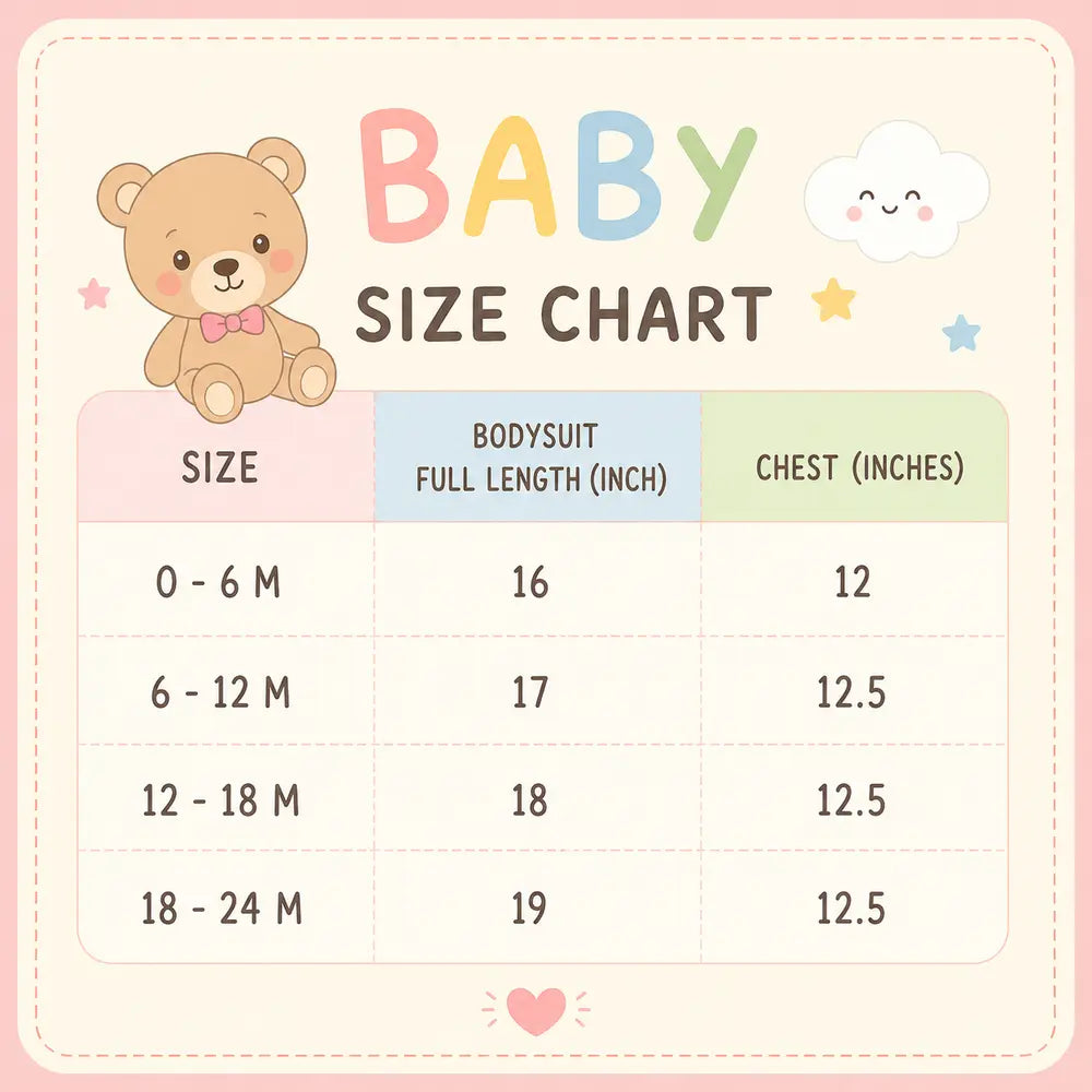 Baby Girl Peter Pan Collar Romper with Bow Pockets – 0 TO 24M size chart