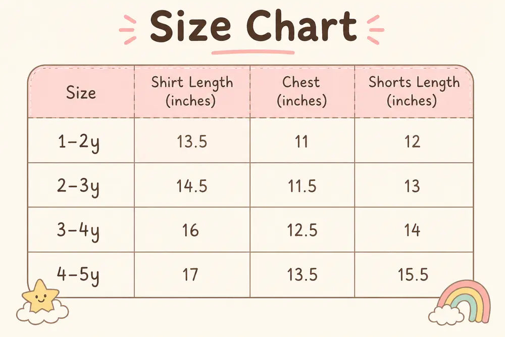 Imported Girl’s Summer T Shirt & Brown Shorts 1 to 5Y size chart
