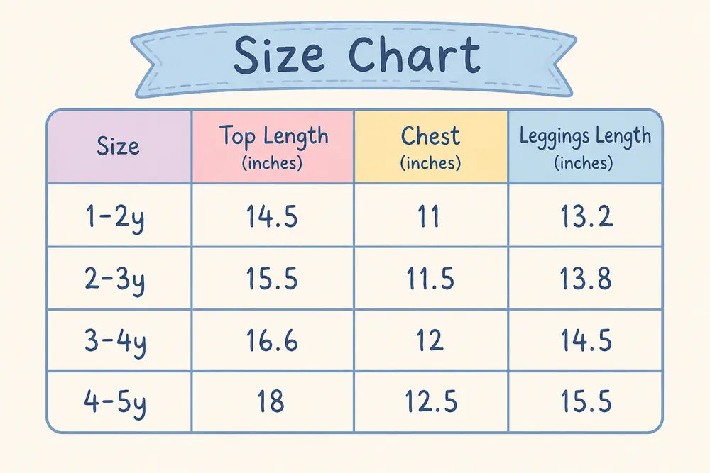 Imported Girls Tunic Top & Leggings for Summer 1 to 5Y size chart