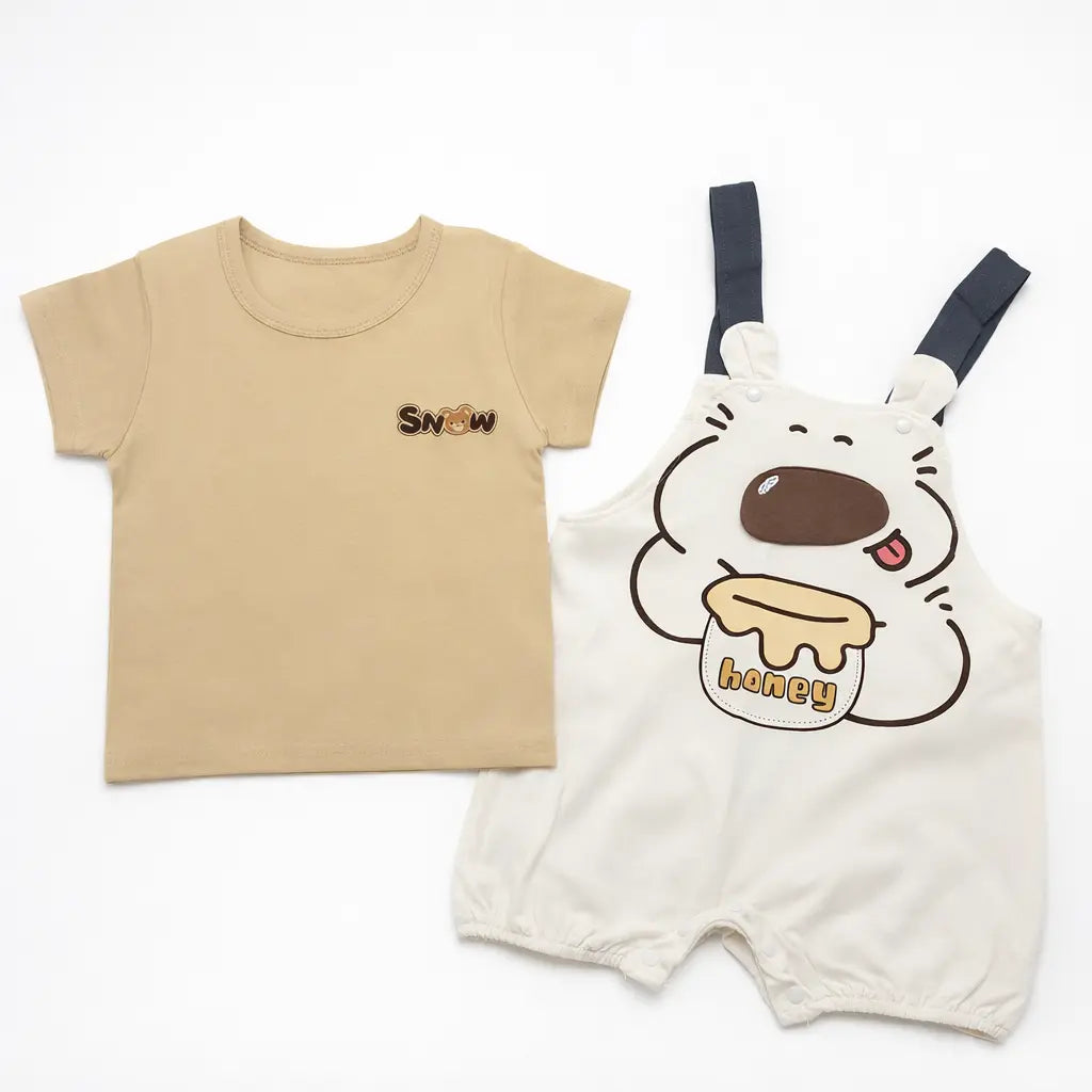 T-Shirt and Bear Dungaree Romper Set (Imported) – 6M to 24M
