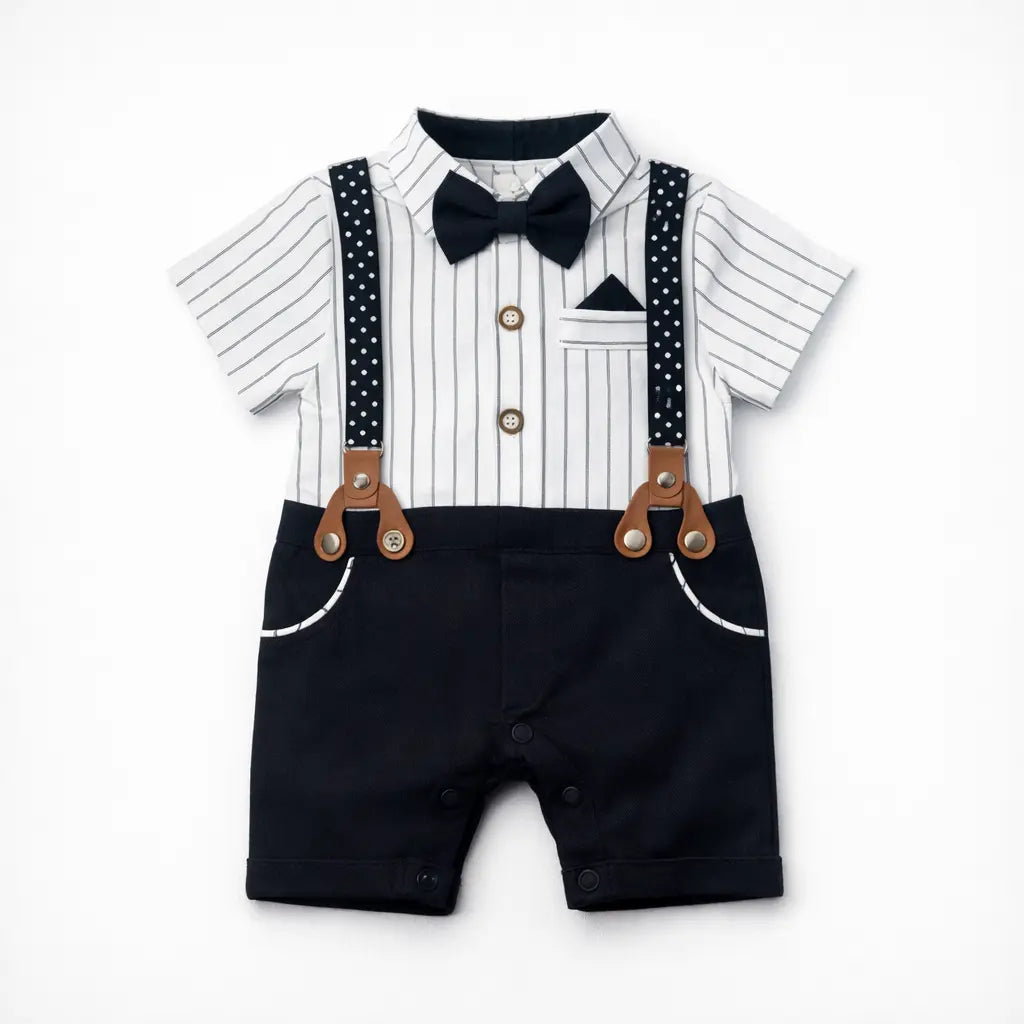 Baby Gentleman Romper Suit – Suspenders & Bow Tie (Imported) – 0 TO 18M black