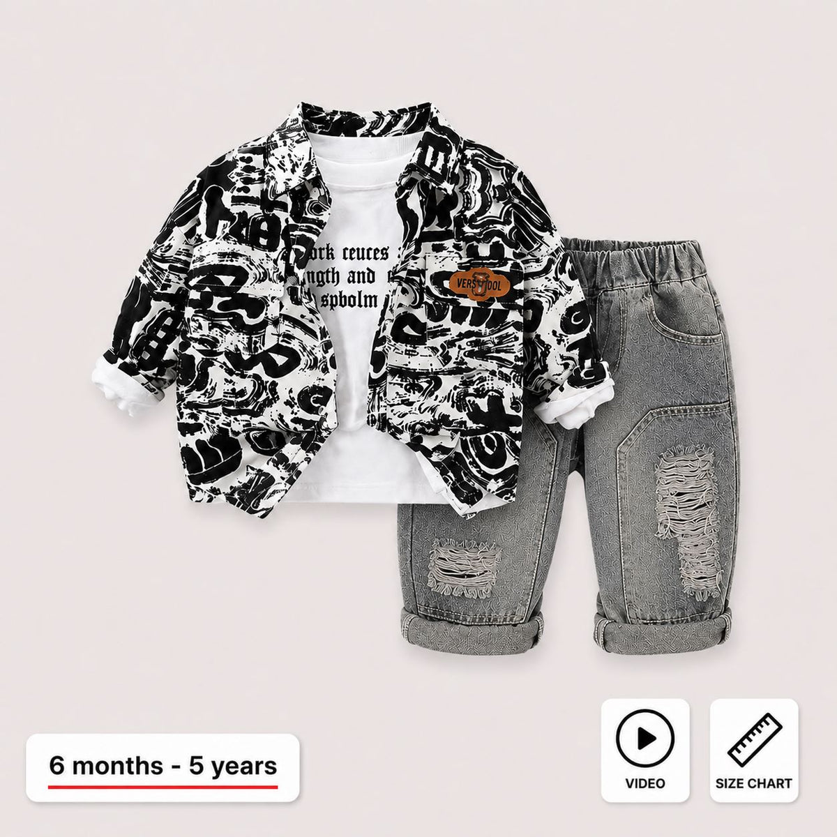 A children's outfit set featuring a black and white abstract patterned button-up shirt over a white t-shirt, paired with distressed gray denim shorts. The image includes a size chart icon, a video play icon, and a text label indicating the age range of 6 months to 5 years.