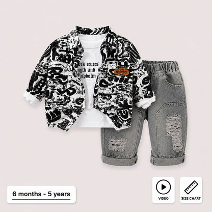 A children's outfit set featuring a black and white abstract patterned button-up shirt over a white t-shirt, paired with distressed gray denim shorts. The image includes a size chart icon, a video play icon, and a text label indicating the age range of 6 months to 5 years.