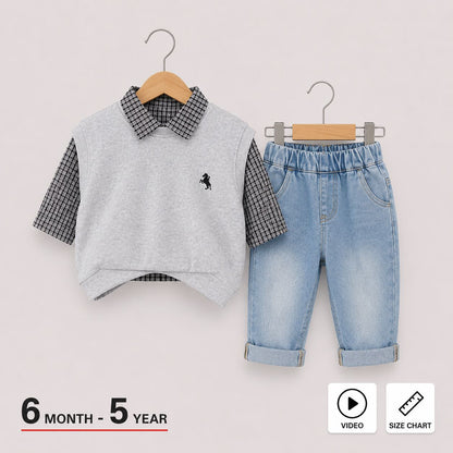 A two-piece children's outfit set displayed on hangers against a light beige background. The set includes a light gray sleeveless vest over a black-and-white checkered short-sleeve shirt, paired with light blue denim pants with a cuffed hem.