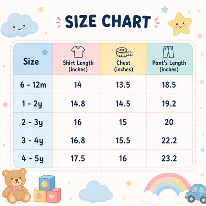 A children's size chart graphic with a table showing shirt, chest, and pant lengths by age groups. The chart has a pastel blue, pink, and yellow design with cute illustrations of clouds, stars, a teddy bear, blocks, a rainbow, and a car around it.