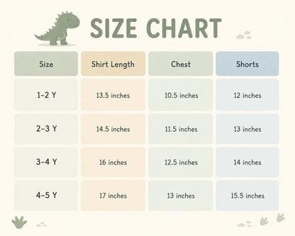 Dino Print Half Sleeve T-Shirt & Shorts – Pockets (Imported) – 1 to 5Y size chart