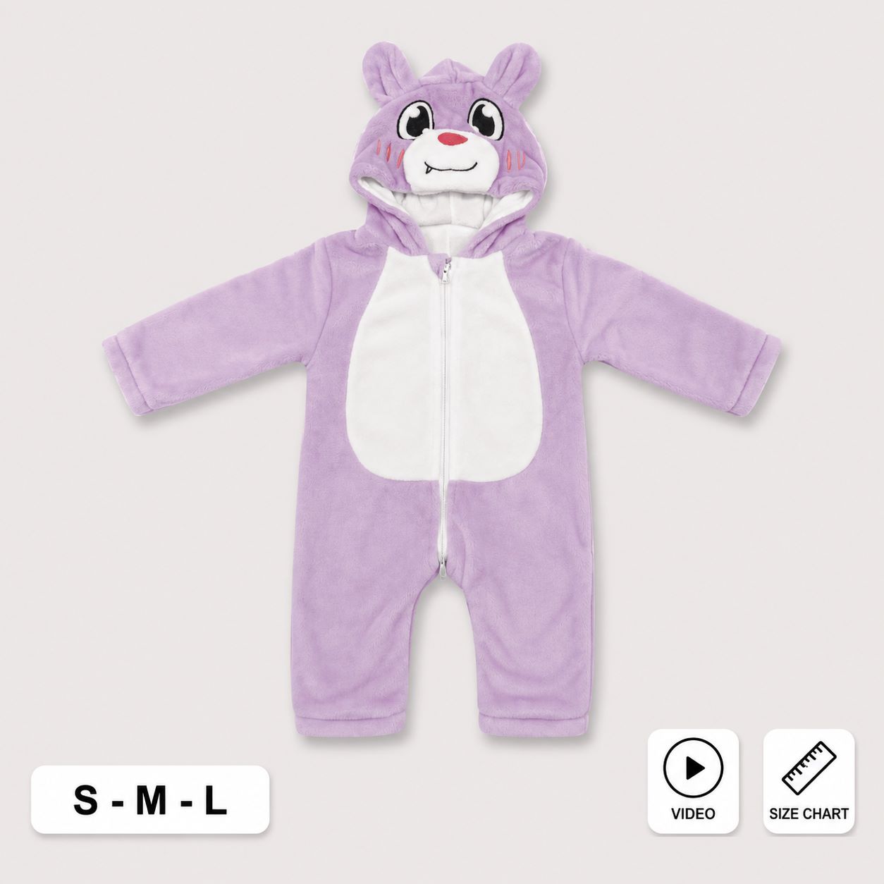 A baby's long-sleeve zip-up onesie in light purple with a white belly panel and a hood shaped like a cartoon animal face. The image is shown on a light gray background with size labels 'S - M - L' and icons for video and size chart.