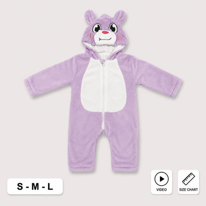 A baby's long-sleeve zip-up onesie in light purple with a white belly panel and a hood shaped like a cartoon animal face. The image is shown on a light gray background with size labels 'S - M - L' and icons for video and size chart.