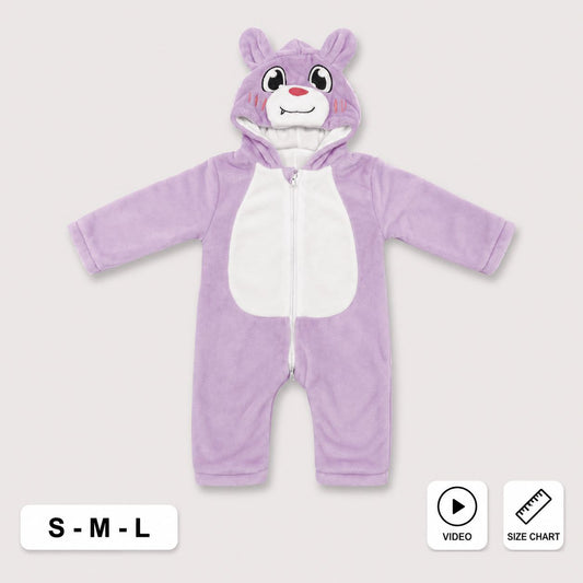 A baby's long-sleeve zip-up onesie in light purple with a white belly panel and a hood shaped like a cartoon animal face. The image is shown on a light gray background with size labels 'S - M - L' and icons for video and size chart.