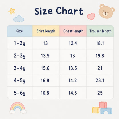 A children's size chart graphic with a table showing measurements by age group: 1-2y, 2-3y, 3-4y, 4-5y, and 5-6y. The chart includes columns for size, shirt length, chest length, and trouser length, with pastel header blocks and cute illustrations like clouds, stars, a bear, a rainbow, and blocks.