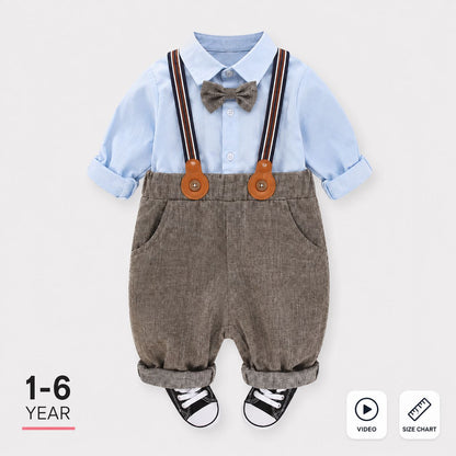 A baby boy's 1-6 year outfit set featuring a light blue long-sleeve collared shirt, brown corduroy suspenders with orange-brown leather-like accents, a gray bow tie, and black-and-white sneakers, displayed on a light gray background with informational text and icons.