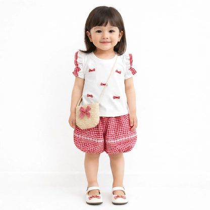 Girls Gingham Shorts & Pouch for Summer – 6M TO 4Y red how it looks