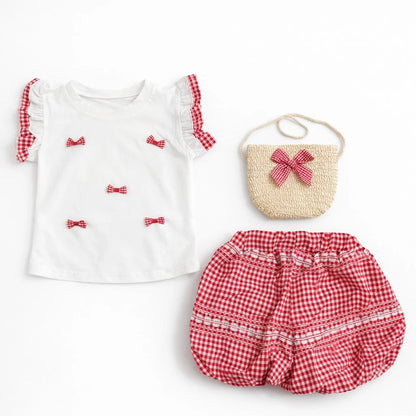 Girls Gingham Shorts & Pouch for Summer – 6M TO 4Y red pair