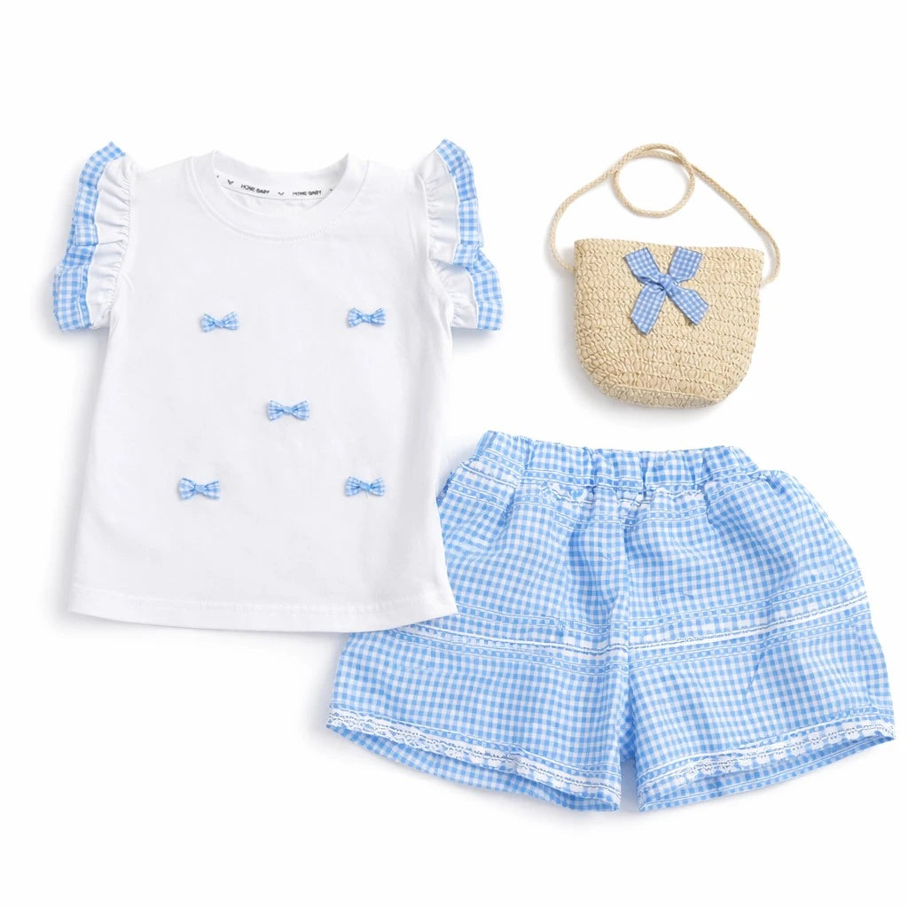 Girls Gingham Shorts & Pouch for Summer – 6M TO 4Y blue