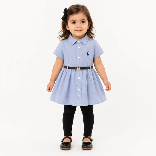Girls 3 Pc Striped Frock Shirt Dress Belt & Tights 2 to 7Y how it looks