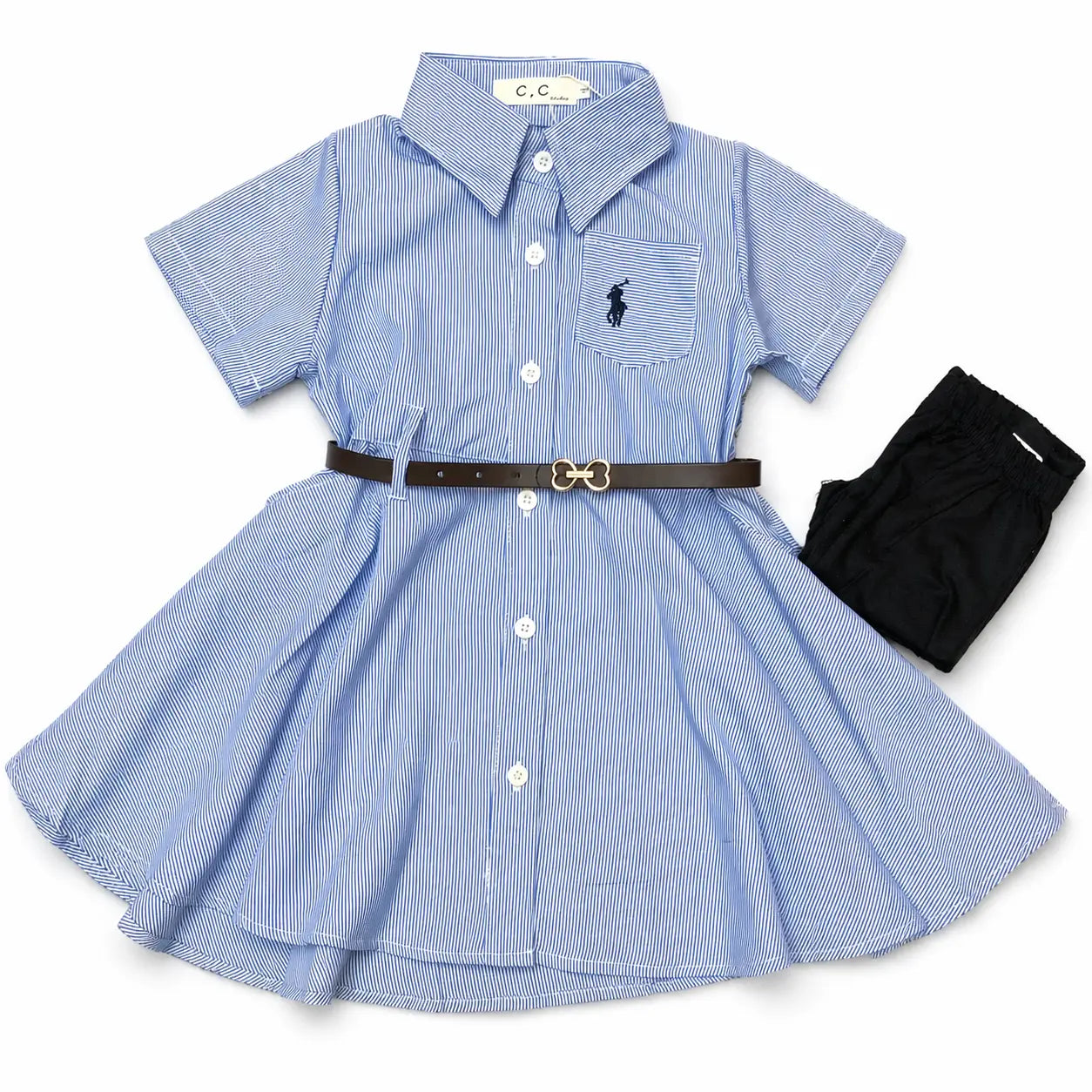 Girls 3 Pc Striped Frock Shirt Dress Belt & Tights 2 to 7Y set