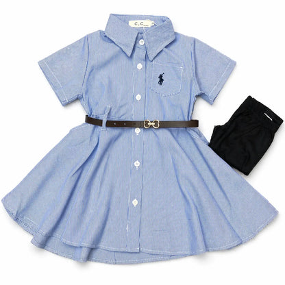 Girls 3 Pc Striped Frock Shirt Dress Belt & Tights 2 to 7Y set
