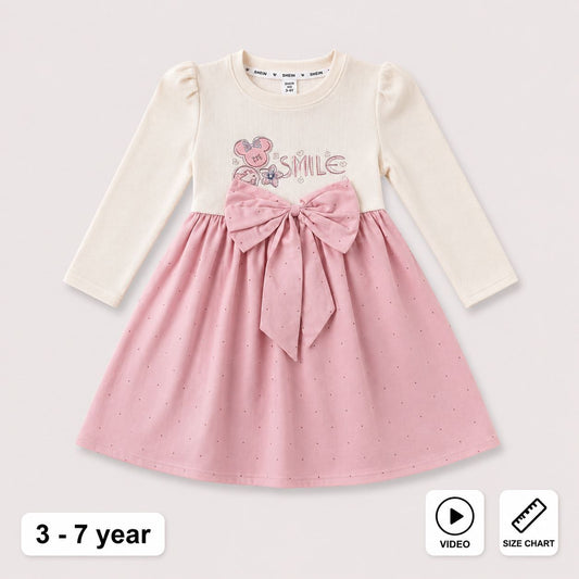 Girls Long Sleeve Bow Party Frock Pink & Off-White