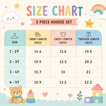 A colorful size chart graphic for a 3-piece hoodie set, showing garment measurements in inches by size (1-2Y, 2-3Y, 3-4Y, 4-5Y) with a teddy bear, toys, and pastel decorations around the table.
