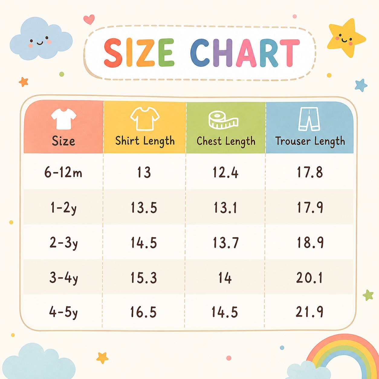 Girls 3 Piece Printed Tracksuit with Back Bag size chart 6 months to 5 years