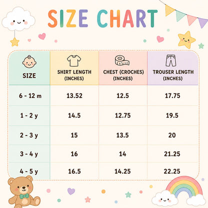 A colorful size chart graphic for children's clothing, showing shirt length, chest measurements, and trouser length by age group from 6-12 m to 4-5 y. The chart has a pastel background with cute illustrations including a teddy bear, clouds, stars, bunting, and a rainbow.