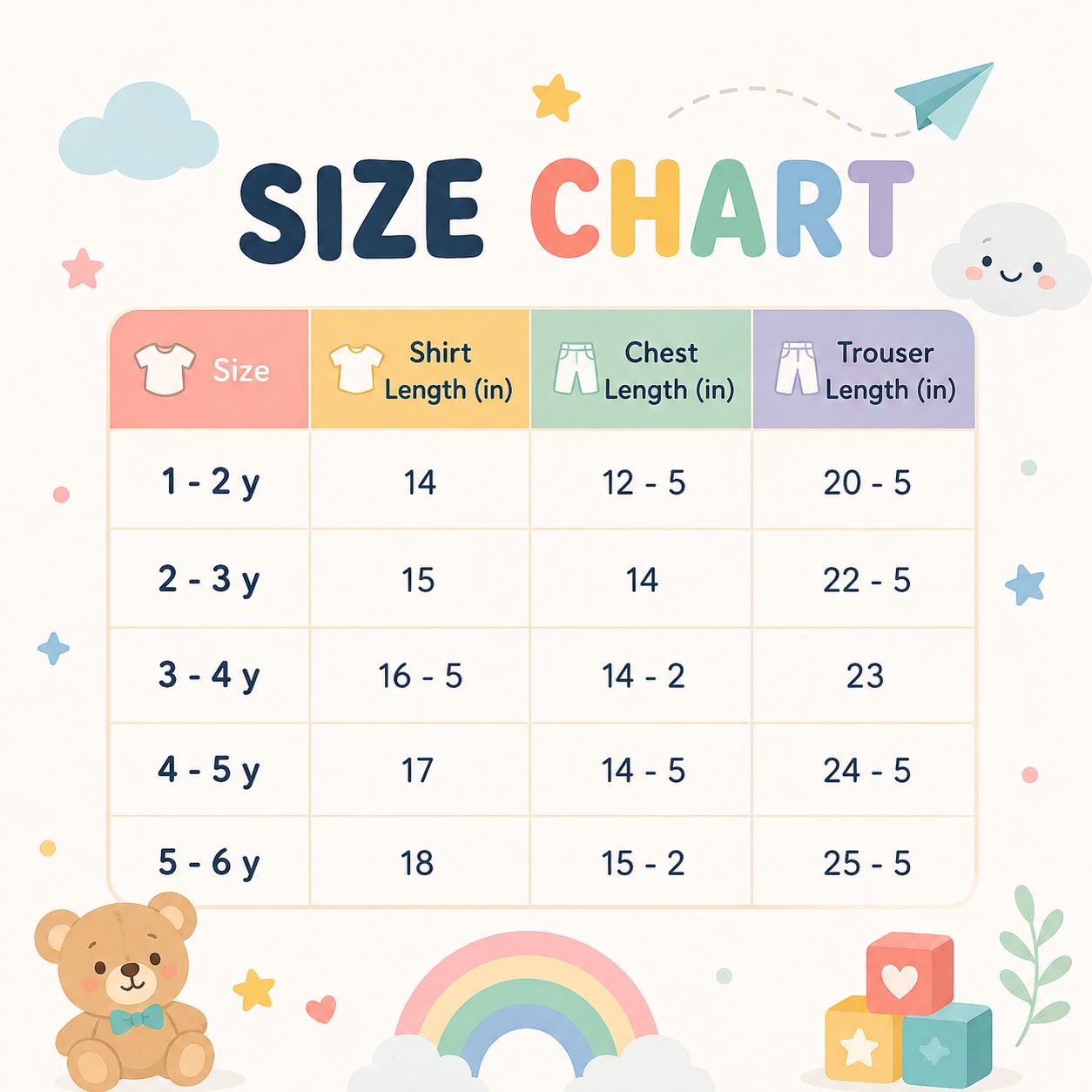 A colorful size chart graphic for children's clothing, showing size ranges from 1-2y to 5-6y, with shirt length in inches, chest length in inches, and trouser length in inches. The chart has a playful design with a teddy bear, rainbow, clouds, stars, and blocks.