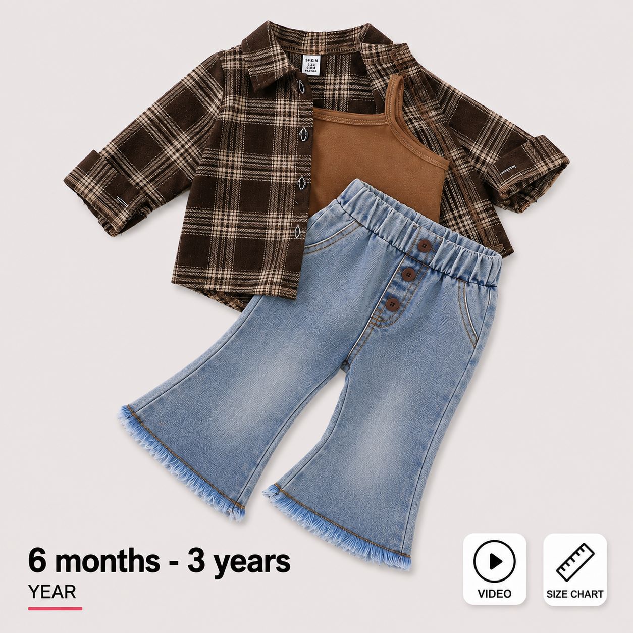 A children's outfit set featuring a brown and black plaid flannel shirt, a brown tank top, and light blue denim flare pants with frayed hems, arranged on a light gray background with age and feature icons.