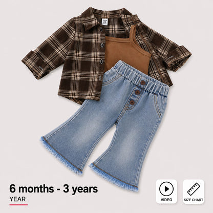 A children's outfit set featuring a brown and black plaid flannel shirt, a brown tank top, and light blue denim flare pants with frayed hems, arranged on a light gray background with age and feature icons.