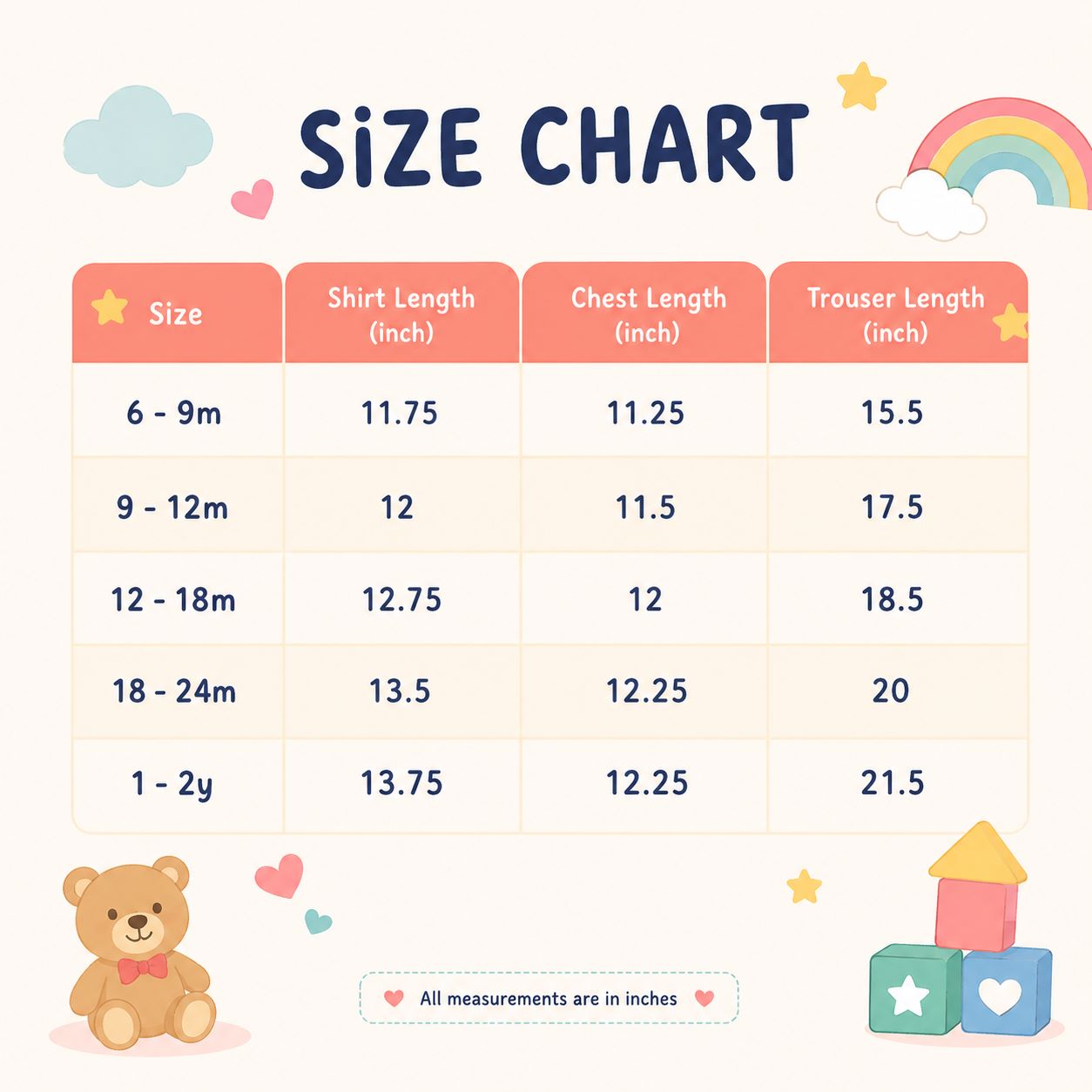 A children's size chart graphic with a table showing measurements for shirt length, chest length, and trouser length by size range, with cute cloud, rainbow, teddy bear, and toy block illustrations on a light cream background.