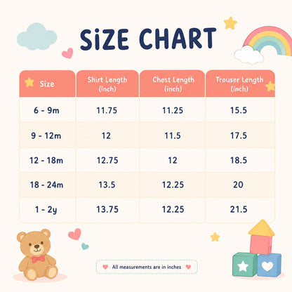 A children's size chart graphic with a table showing measurements for shirt length, chest length, and trouser length by size range, with cute cloud, rainbow, teddy bear, and toy block illustrations on a light cream background.