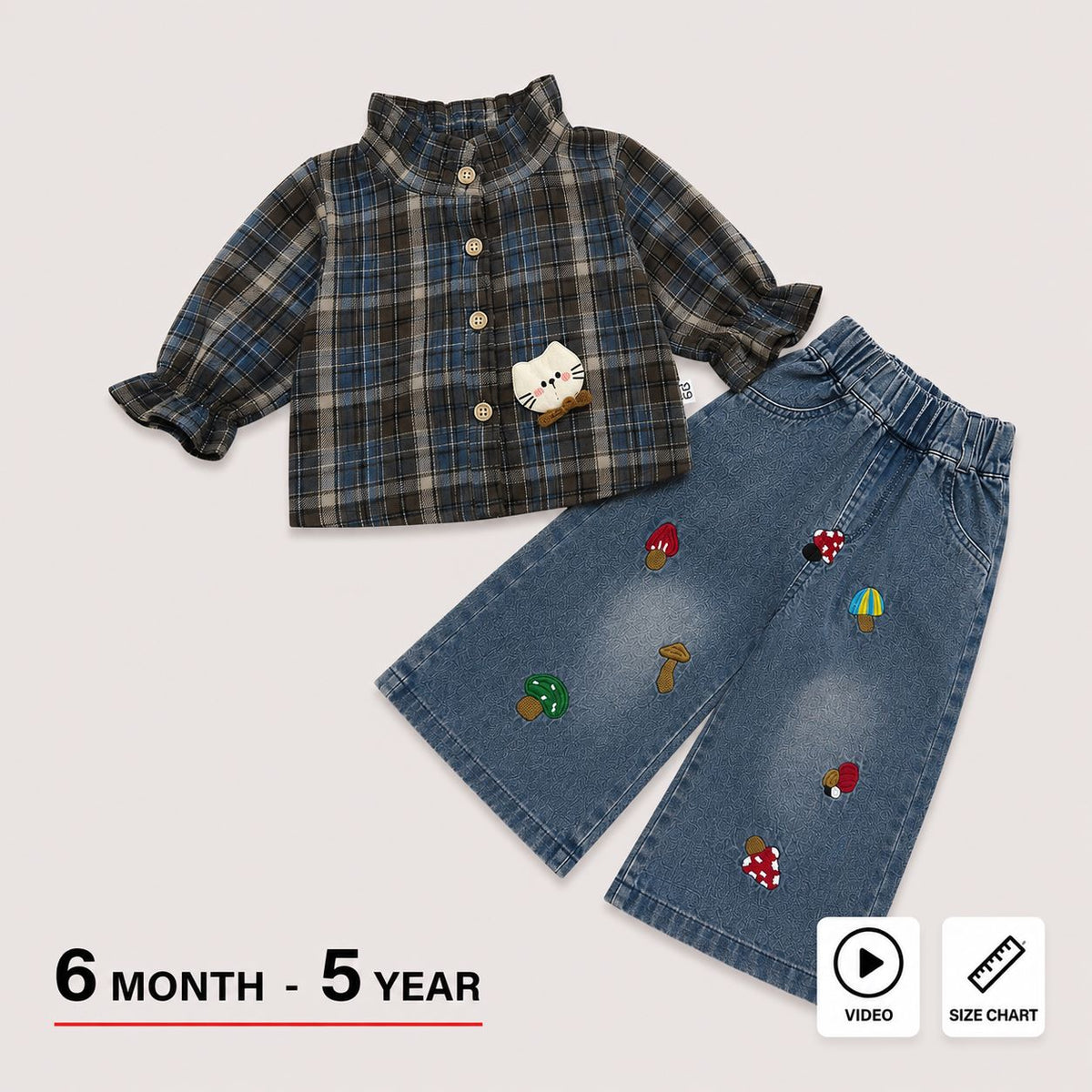 Girls Plaid Shirt Mushroom Denim Outfit