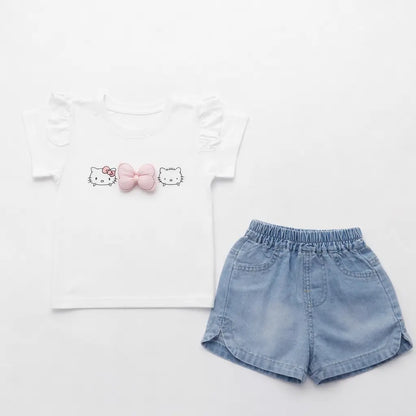Hello Kitty Flutter-Sleeve T-Shirt & Denim Shorts (White) – 1 to 5Y pair
